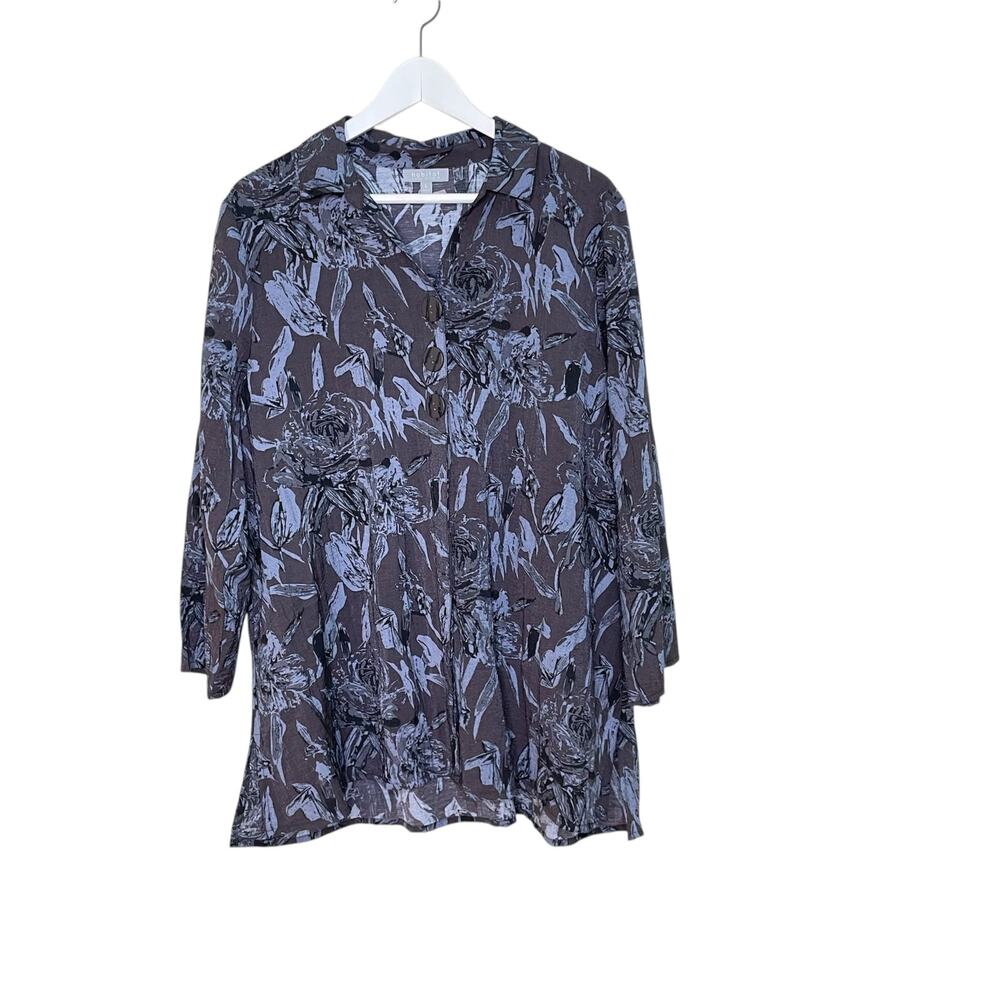 Habitat Clothes to Live in Size L Linen-Blend Gray Floral 3/4 Sleeve Tunic Shirt